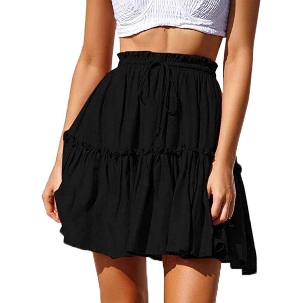 Womens Black Flared Short Skirt Cute High Waist Ruffle Skirt Beach Mini Skirt